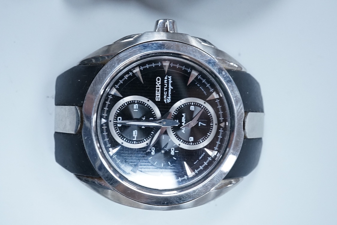 A gentleman's 1970's stainless steel Omega Dynamic manual wind wrist watch, with blue dial and baton numerals, case diameter 40mm, on a leather strap wit Omega buckle, together with a gentleman's Seiko Kinetic and a simi